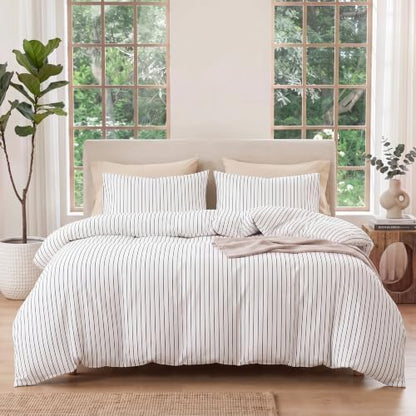 Bedbay Cotton Striped Duvet Cover Set Queen Size, Black White Stripe Bedding Set, 100% Cotton Sateen, Soft Smooth Breathable Minimal Hotel Set, 3 Pieces for All Seasons