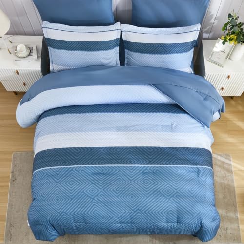 Comforter Set King Size 7 Piece Bed in a Bag Boho Haze Blue Striped Bedding Set Soft Microfiber Comforter and Sheet Set for All Season (King, 104"x90")