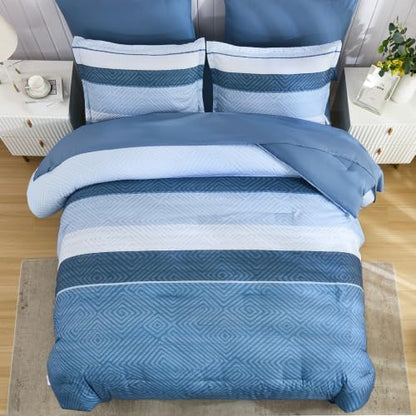 Comforter Set Queen Size 7 Piece Bed in a Bag Boho Haze Blue Striped Bedding Set Soft Microfiber Comforter and Sheet Set for All Season (Queen, 90"x90")