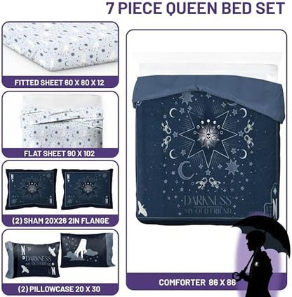 Wednesday Addams Queen Comforter Set 7 Piece Bedding for Girls, Blue