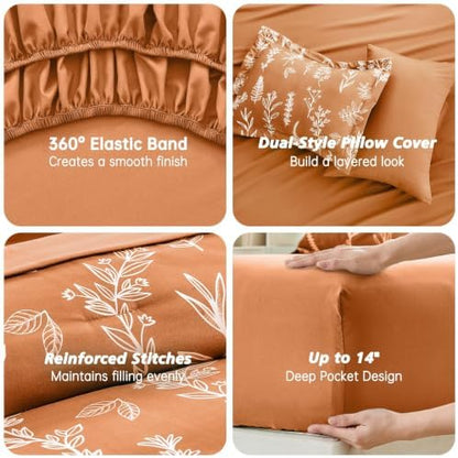 MUXHOMO California King Comforter Set, Burnt Orange Elegant Floral Print Bed in a Bag 7 Pieces, Soft & Breathable Reversible Botanical Pattern Bedding Set with Comforter, Sheets, Pillowcases & Shams