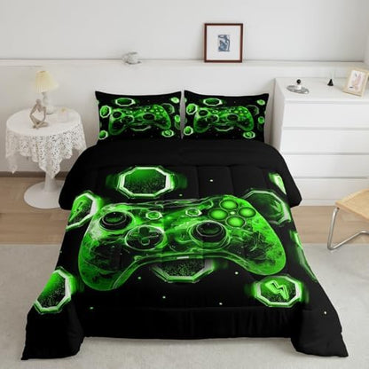 Feelyou Kids Green Gamer Bedding Set Toddler Size, Game Console Comforter Set Boys Girls Space Universe Gaming Comforter Gamepad Teens Duvet Set Bedroom Decor with 1 Pillow Case