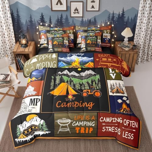 Erosebridal 7 Piece RV Bunk Camper Bed Comforter Set Twin with Sheets,Happy Camping Bedding Set for Kids Adults Travel Trailer Decor,Rustic Country Patchwork Quilt Bed Set with Fitted+Flat Sheet