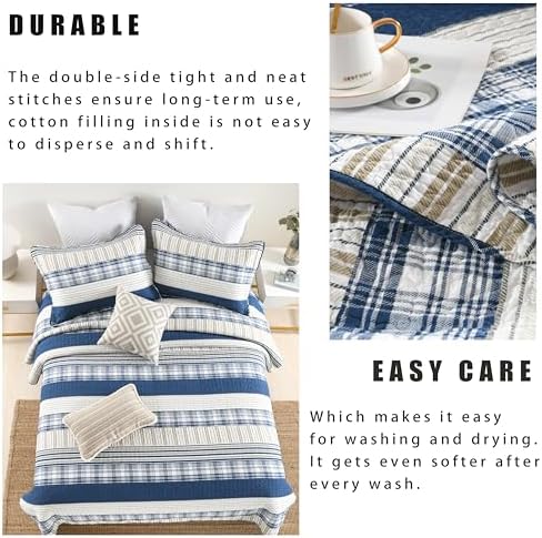 Homzard King Quilt Set Blue 100% Cotton Plaid Farmhouse Bedspread 3PC