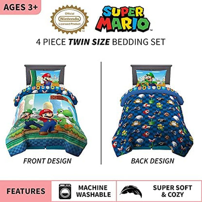 Super Mario Kids Twin Size Bedding, 4 Piece Super Soft Cozy Reversible Comforter and Sheet Set, (Officially Licensed Product) By Franco