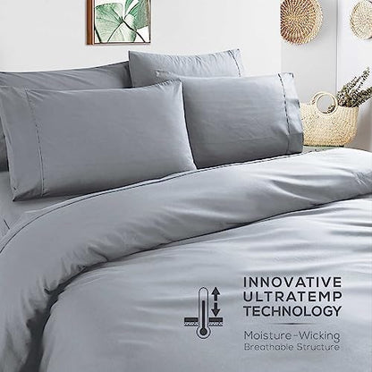 Mueller UltraTemp King Size Sheets Set – 6 Piece Premium Bedding, Silky Soft, Cooling, Deep Pocket up to 16", Breathable Heat Transfer, Wrinkle-Resistant & Hypoallergenic, Light Gray