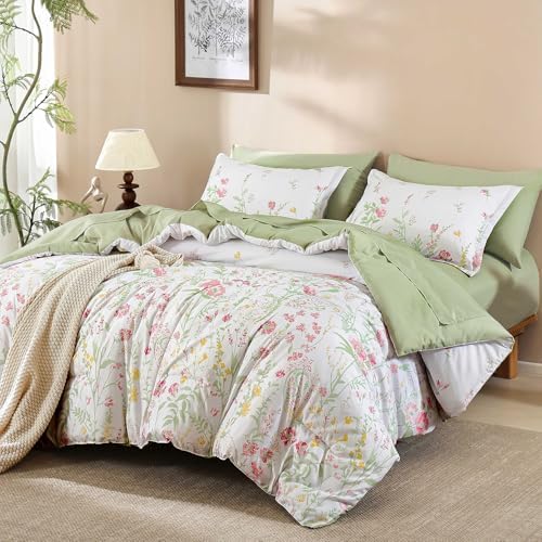7 Piece Sage Green Floral Comforter Set Queen Size Bed in a Bag Cottagecore