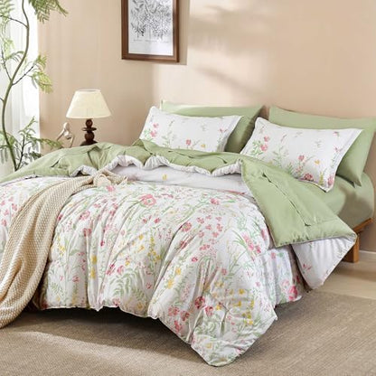 7 Piece Sage Green Floral Comforter Set Queen Size Bed in a Bag Cottagecore