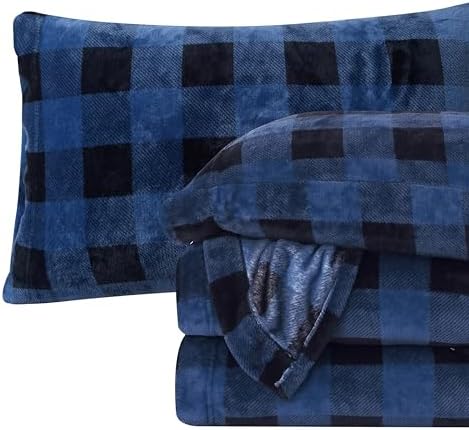 Elegant Comfort Luxuriously Soft 4-Piece Velvet Plush Flannel Sheet Set - Premium Quality - Cozy Warm, Anti-Static, Non Pilling Fuzzy Velvet Flannel Fleece Deep Pocket Sheet Set -Twin XL, Buffalo Blue