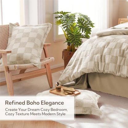 MR&HM Queen Comforter Set 7 Pieces, Checkered Boho Tufted Bed Set Linen