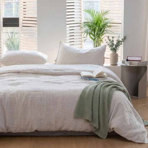 Simple&Opulence 100% Linen Duvet Cover Set 3pcs Yarn Dyed Vertical Pinstripe Ticking Pattern Natural French Washed Flax Breathable Farmhouse Bedding - Grey Stripe, King Size