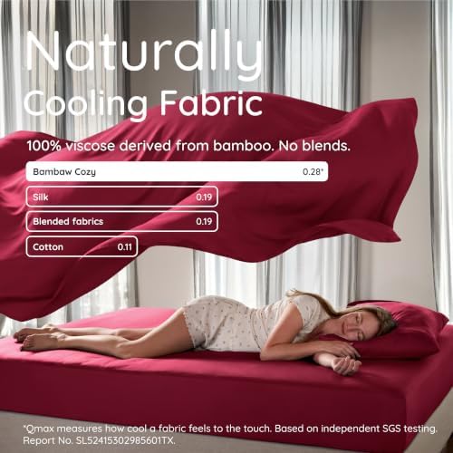 Bambaw Queen Size 4pcs Cooling Sheets Set 100% Viscose Derived from Bamboo, Luxury Bedding, Soft Sheets, Deep Pocket Fits Up to 16'' Mattresses (Burgundy)