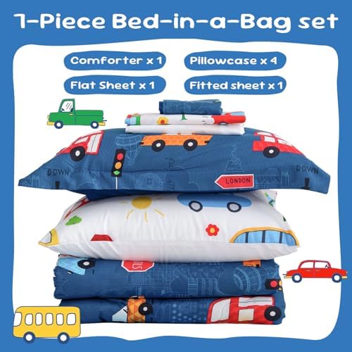Wajade Cartoon Cars Comforter Set Bed in A Bag Full Size Colorful Cars Bus Van Traffic Lights Bedding Set for Boys Kids (1 Comforter, 1 Flat Sheet, 1 Fitted Sheet, 2 Pillowcase and 2 Pillow Sham)