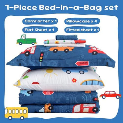 Wajade Cartoon Cars Comforter Set Bed in A Bag Queen Size Colorful Cars Bus Van Traffic Lights Bedding Set for Boys Kids (1 Comforter, 1 Flat Sheet, 1 Fitted Sheet, 2 Pillowcase and 2 Pillow Sham)