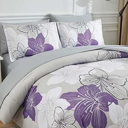 Luxudecor Floral Comforter Set Twin Size, 6 Pieces Bed in a Bag Purple Floral Comforter and Sheet Set, Soft Microfiber Purlple Complete Bedding Sets for All Seasons 68"×86"