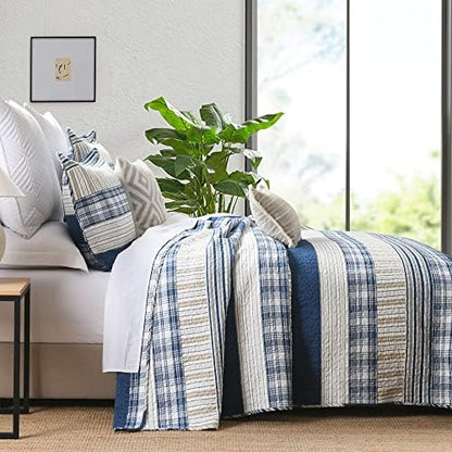 Homzard King Quilt Set Blue 100% Cotton Plaid Farmhouse Bedspread 3PC