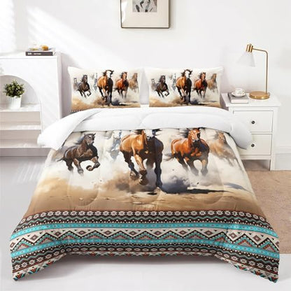 Nttopship Horse Western Comforter Set Full Size,100% Soft Ultra-Fine Fiber Four Season Farmhouse Wildlife Printed Comforter Set with 1 Comforter and 2 Pillow Case
