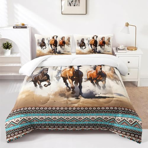 Nttopship Horse Western Comforter Set Twin Size,100% Soft Ultra-Fine Fiber Four Season Farmhouse Wildlife Printed Comforter Set with 1 Comforter and 2 Pillow Case