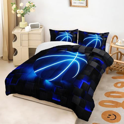 3Pcs Football Comforter Set Full Size for Teen Boys Girls,Soccer Quilt Set,Blue Black Honeycomb Comforter Set, 3D Geometric Grid Theme Ball Sport Bedding Set