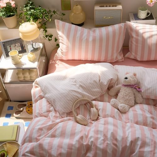 VM VOUGEMARKET Pink Striped Duvet Cover Twin Size Girls Dorm Bedding Set Pink White Stripes Duvet Cover with 2 Pillowcases Soft Lightweight Microfiber Farmhouse Comforter Cover-68 x86