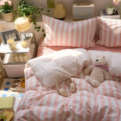 VM VOUGEMARKET Pink Striped Duvet Cover Twin Size Girls Dorm Bedding Set Pink White Stripes Duvet Cover with 2 Pillowcases Soft Lightweight Microfiber Farmhouse Comforter Cover-68 x86