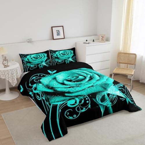 Feelyou Teal Rose Floral Comforter Set Full Size Boys Girls Teens