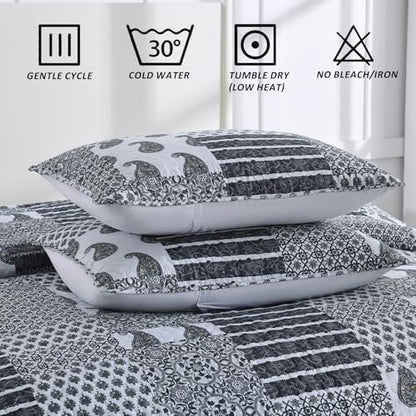 HIARUO Quilt Set Queen Size, 3 Pieces Bedspread Coverlet Plaid Patchwork Quilt Farmhouse Queen Size Comforter Set Lightweight Bedding with 2 Pillow Covers Shams for All Season Gray