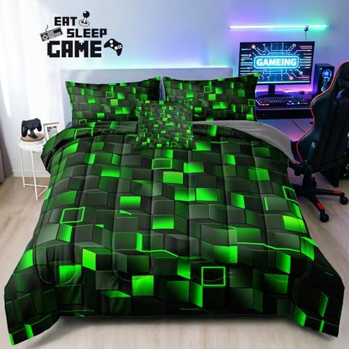 6 Piece 3D Block Comforter Set Full Size for Boys Kids Room Green Gaming Block Bedding Set Bed in a Bag for Boys Girls Kids Teens Bedroom Decorative Full14