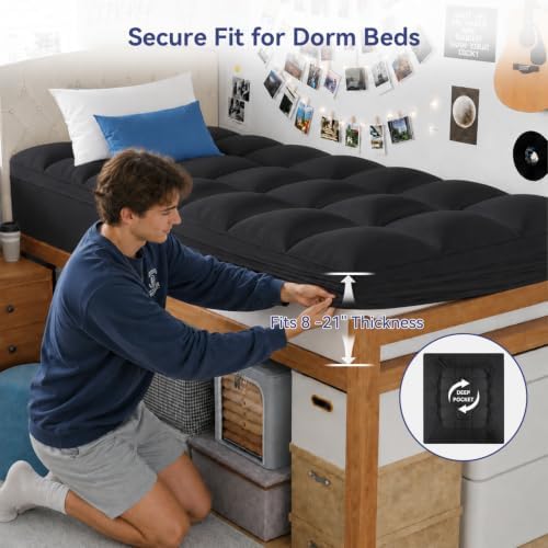 ELEMUSE Twin XL Black Mattress Topper for College Dorm, Thick Pillow Top