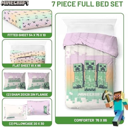 Minecraft Creeper Full Size Comforter Set 7 Piece Kids Bedding, Pink