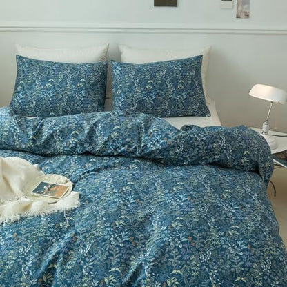 Blue Floral Duvet Cover Queen Vintage Flower Pattern Duvet Cover 100% Cotton Garden Style Comforter Cover Chic Botanical Floral Bedding Sets for Girls Women 1 Queen Duvet Cover with 2 Pillowcases