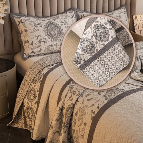 Nordic Style King Size Quilt Comforter Bedding Set -3 Pieces Red Quilts (1 Quilt, 2 Pillow Shams) Bedding Set, All Season Lightweight Bedspreads Sleep Companion(Grey)