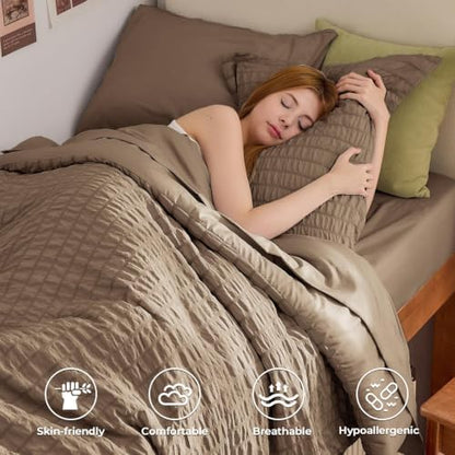 HYMOKEGE Brown Twin Comforter Set Seersucker 5 Pieces, All Season Luxury Bed in a Bag for Bedroom, Bedding Set with Comforter, Sheets, Pillowcase & Sham