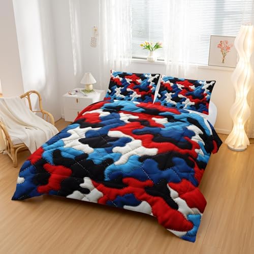 Nttopship Camouflage Bedding Set,Red Blue White Camouflage Pattern Style King Comforter Set for Adult Teens Camo Bed in A Bag 3 Pieces,Camo Pattern Room Decor with Comforter and 2 Pillow Case