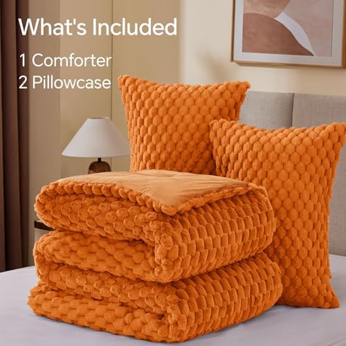 BEDELITE Fluffy Full Comforter Set, Burnt Orange Fleece Bed Set 3 Pieces