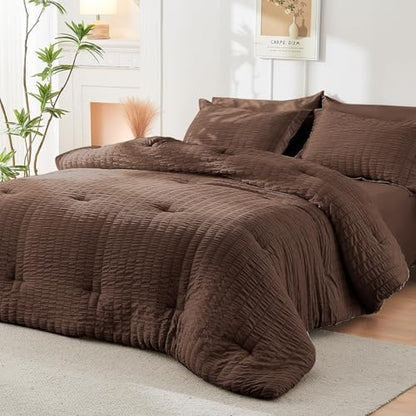 HYMOKEGE Dark Brown California King Comforter Set Seersucker 7 Pieces, All Season Luxury Bed in a Bag for Bedroom, Bedding Set with Comforter, Sheets, Pillowcases & Shams