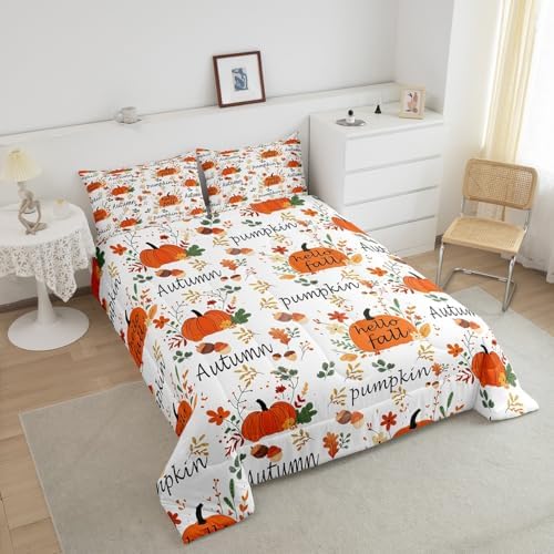 Homewish Pumpkin Pattern Full Size Comforter Set,Happy Fall Bedding Set for Adults Teens,Children Autumn Leaves Comforter Luxury Harvest Season Quilt Set Room Decor 3Pcs