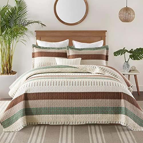 Finlonte 100% Cotton Queen Size Quilt Set, Patchwork Striped Queen Quilt Bedding Set Farmhouse Bedspread, Lightweight Quilted Comforter Reversible Bed Spread for All Season, Green/Brown/Beige, 3 Pcs