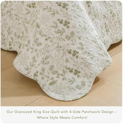 Lady Ann Oversized King Quilt Bedspreads 120x120, 3 Pcs Cotton California King Size Quilted Bedding Set, Cottagecore Green Leaves Pattern Plant Botanical Printed Quilted Coverlet Set