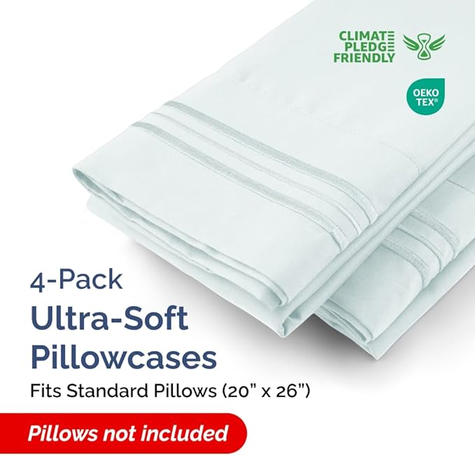 Standard Pillow Cases Set of 4 - Ultra Soft Hotel Quality Pillowcase Covers - Comfy Bedding for Women, Men, Kids & Teens - Machine Washable Pillow Protectors - 4 Piece Set - Standard Size Ice Blue