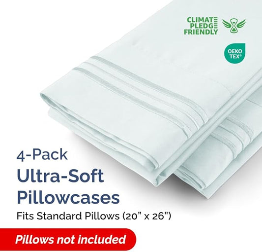 Standard Pillow Cases Set of 4 - Ultra Soft Hotel Quality Pillowcase Covers - Comfy Bedding for Women, Men, Kids & Teens - Machine Washable Pillow Protectors - 4 Piece Set - Standard Size Ice Blue