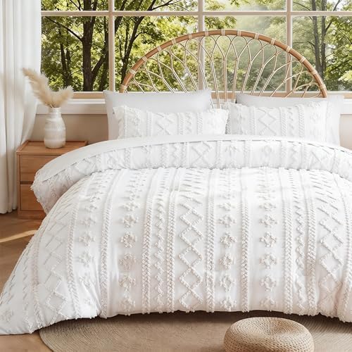 MR&HM 7 Pieces Comforter Set Full, Tufted Boho Farmhouse Bed Set White