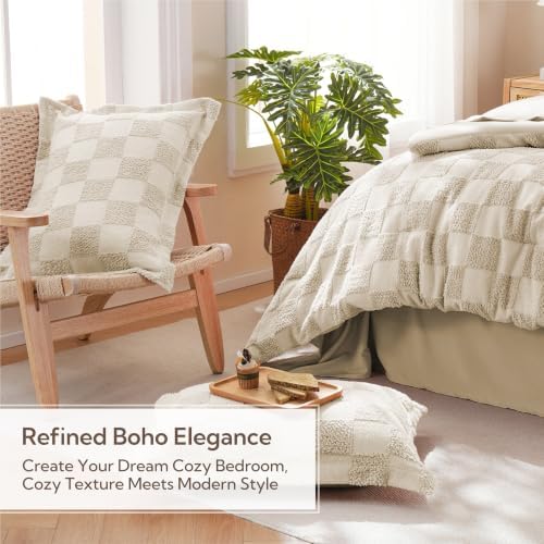 MR&HM King Size Comforter Set 7 Pieces, Checkered Boho Tufted Bed Set Beige