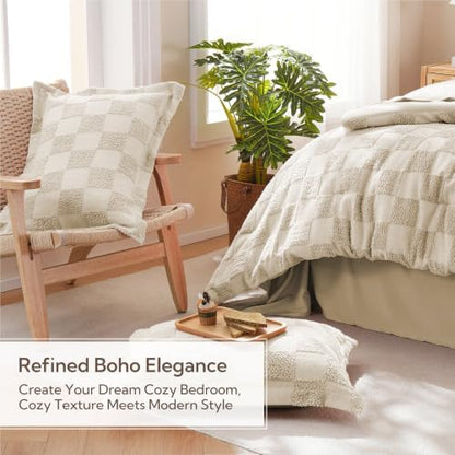MR&HM King Size Comforter Set 7 Pieces, Checkered Boho Tufted Bed Set Beige