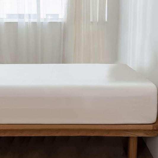 MooMee Fitted Bottom Sheet Only 100% Washed Cotton Linen Like Textured Breathable Durable Soft Comfy Deep Pocket Fits Mattress up to 17" (Off White, Twin)