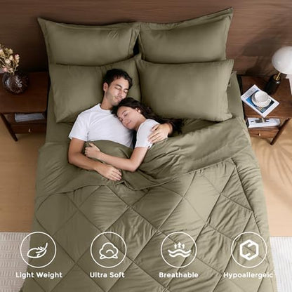 HEVUMYI 7-Piece King Comforter Set, Olive Green Bed in a Bag