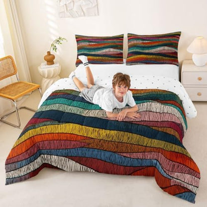 Castle Fairy Rainbow Wavy Comforter Set Queen Size,Tribal Ethnic Geometric Down Alternative Adults Room Decor,Colorful Abstract Ultra Soft Microfiber Inner Fill 3Pcs Bedding