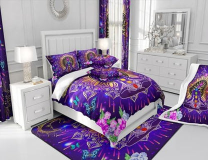 Manfei Yoga Chakras Comforter Set Full Size, Boho Mandala Bedding Set 3pcs for Kids Boys Girls Bedroom Decor, Gold Sun and Moon Quilt Set with 2 Pillowcases, Colorful Flower Duvet Insert