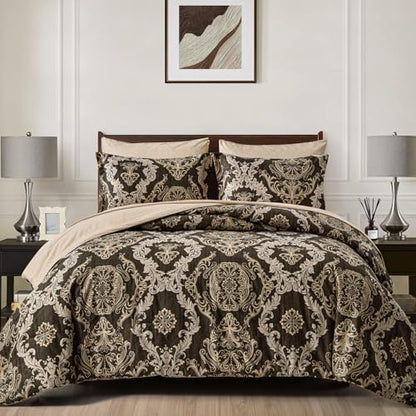 WONGS BEDDING 7 Pieces Comforter Set Queen Size,Damask Texture Design Bed in a Bag Bedding Sets,Brown Soft Lightweight Microfiber Bedding Set for All Season
