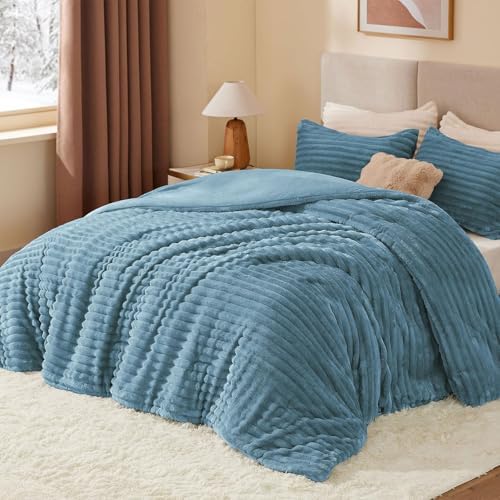 BEDELITE Fleece Full Comforter Set, Fluffy Bed Set, Blue Fog